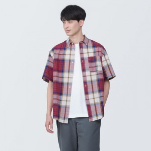 Red Muji Madras Check Button Down Short Sleeve Men Shirts | FR9Q0K69F
