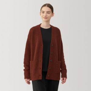 Red Muji Wool Blend Boucle V-Neck Women Cardigan | SL2L3J07U
