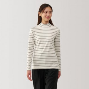 White Muji Brushed Ribbed High Neck Long Sleeve Striped Women T Shirts | RJ3X3R64J