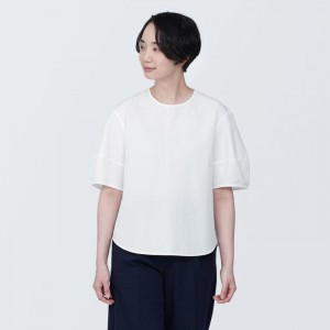 White Muji Cool Touch Broadcloth Short Sleeve Women Blouse | DH5L1W00E