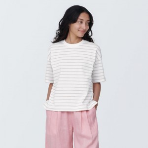 White Muji Crew Neck Short Sleeve Striped Women T Shirts | GV3X1X09J