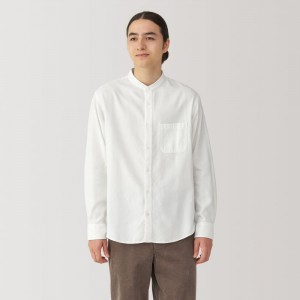 White Muji Flannel Stand Collar Long Sleeve Men Shirts | HZ1S1P01X