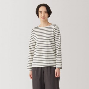 White Muji Heavy Weight Boat Neck Long Sleeve Women T Shirts | BN5X2I90P