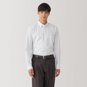 White Muji Non-Iron Button Down Striped Men Shirts | SU7V5Y69D