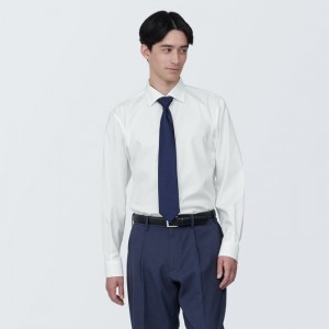 White Muji Non-Iron Semi Wide Collar Men Shirts | IP4O2V27A