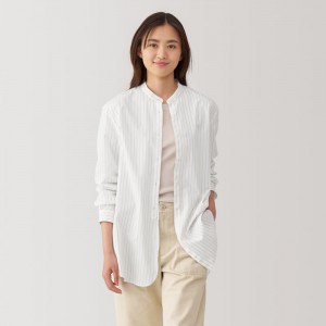 White Muji Washed Broadcloth Stand Collar Striped Women Shirts | GQ3C1Q30S