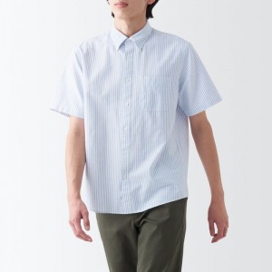 White Muji Washed Oxford Button Down Patterned Short Sleeve Men Shirts | ZS0K3E27U