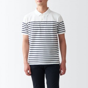 White Muji Washed Pique Stripe Men Polo Shirts | UJ1F7H66C