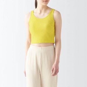 Yellow Muji Cotton Stretch Ribbed Short with Bra Women Tank Top | DI1F0P70Z